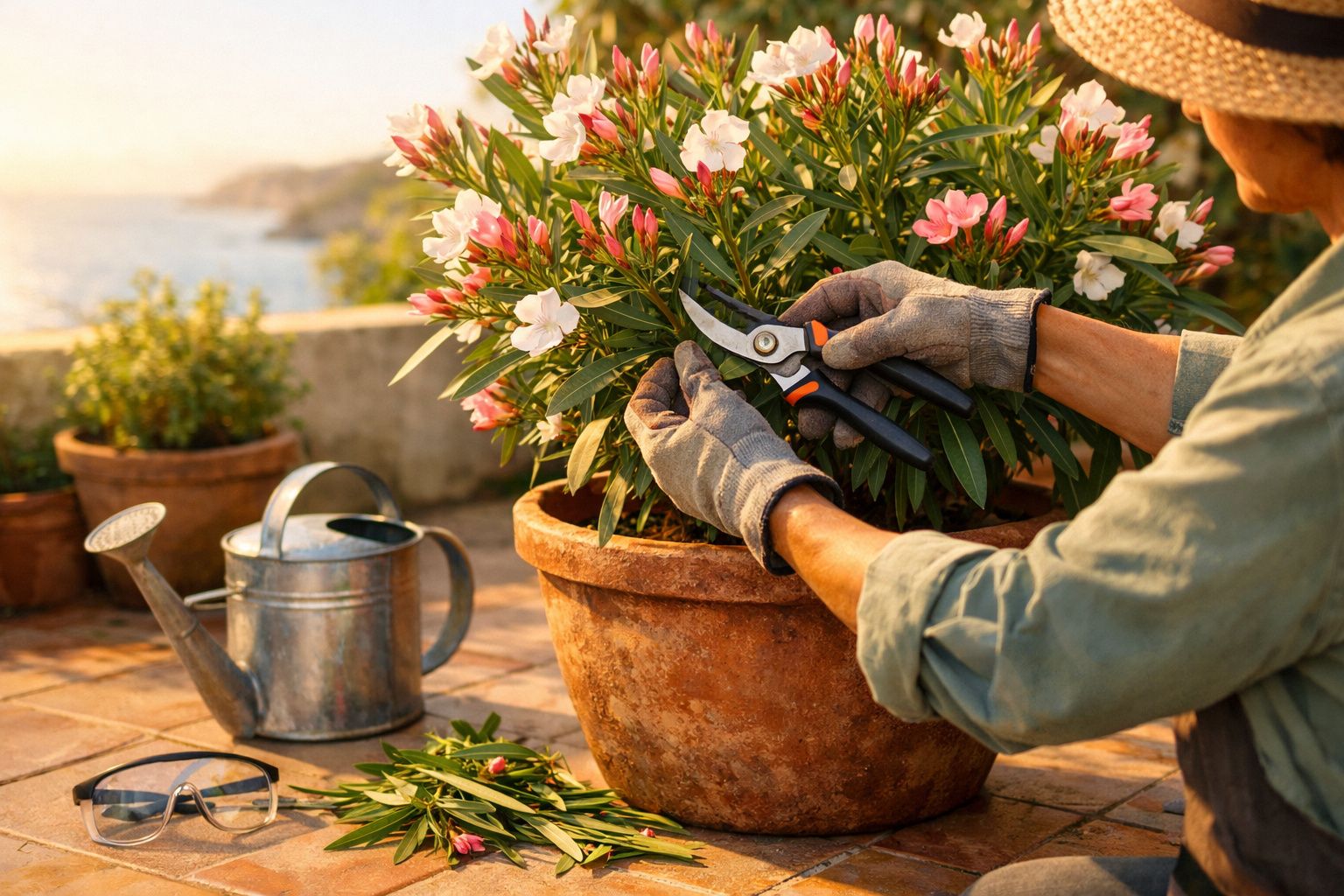 Pessoa a podar flores cor-de-rosa e brancas numa planta em vaso de barro, ao ar livre, ao pôr do sol.