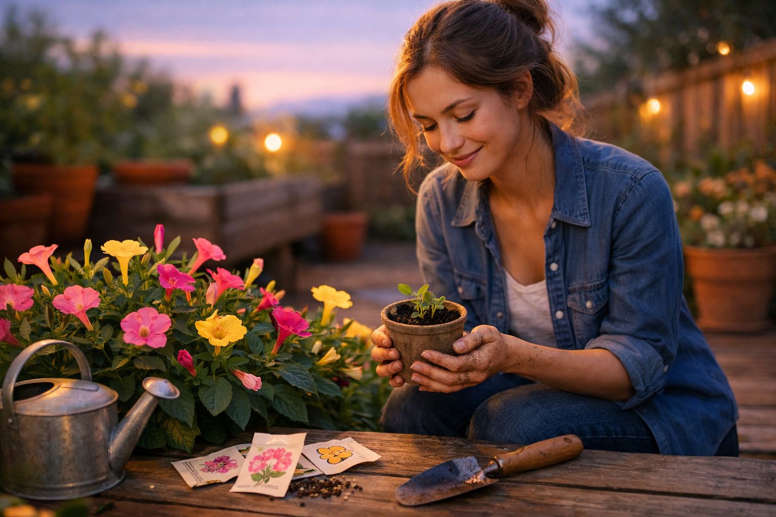 Mulher sorridente a cuidar de planta jovem num vaso, rodeada de flores coloridas e ferramentas de jardinagem ao pôr do sol.