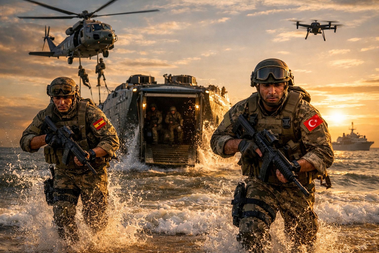 Soldados em uniforme tático saem da água com helicóptero, drone e navio de guerra ao fundo ao pôr do sol.
