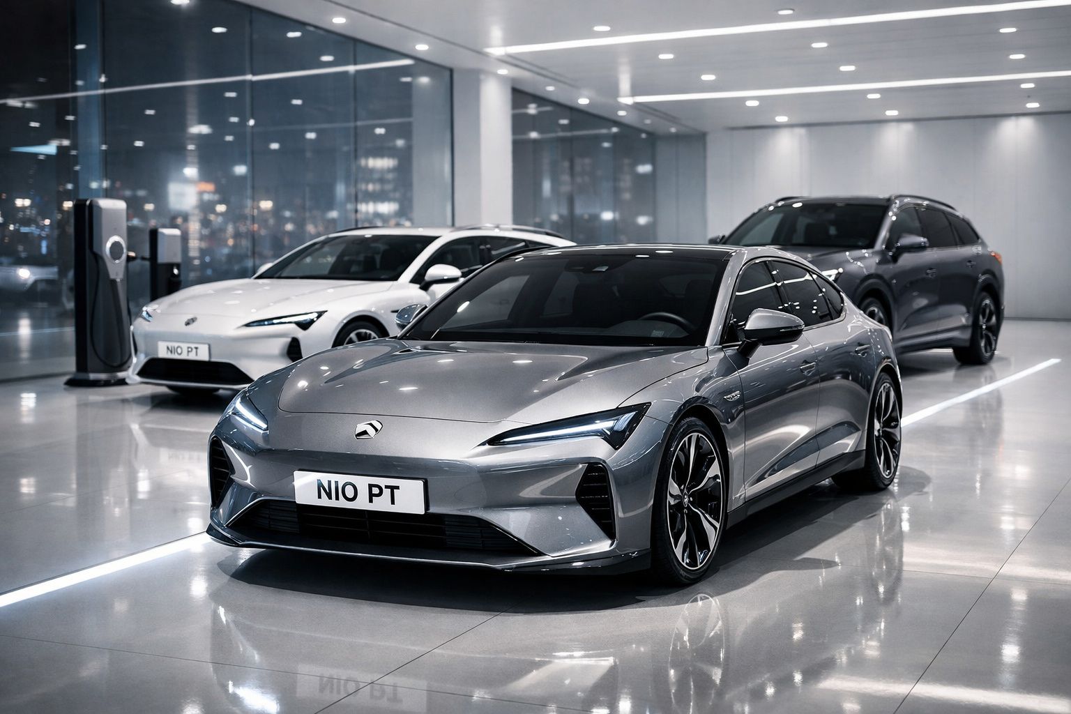 Três carros elétricos NIO estacionados em showroom moderno com carregador ao lado, incluindo um cinzento em destaque.