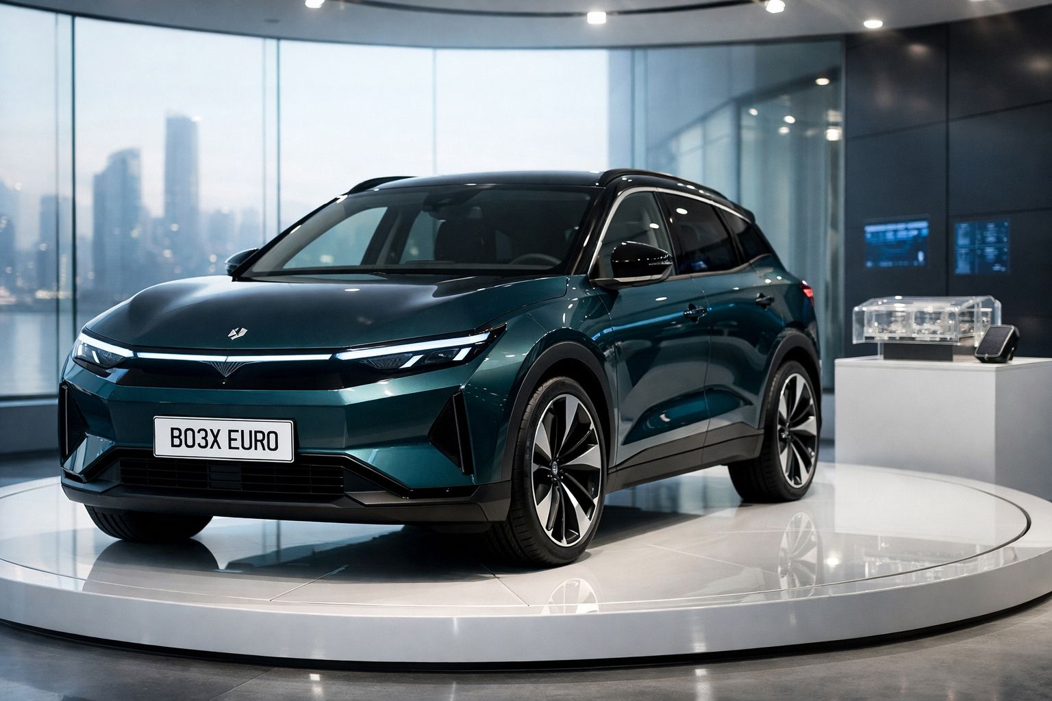 Carro elétrico SUV moderno verde numa plataforma de exposição em ambiente urbano interior.