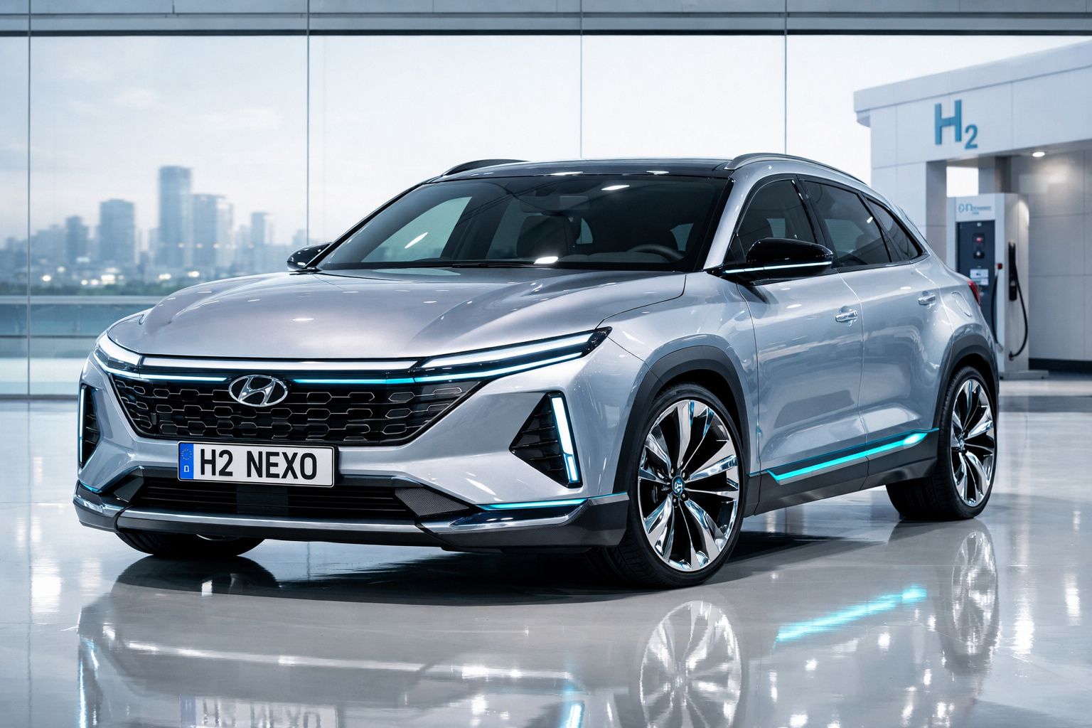 Carro Hyundai Nexo prata estacionado em posto de abastecimento de hidrogénio moderno.