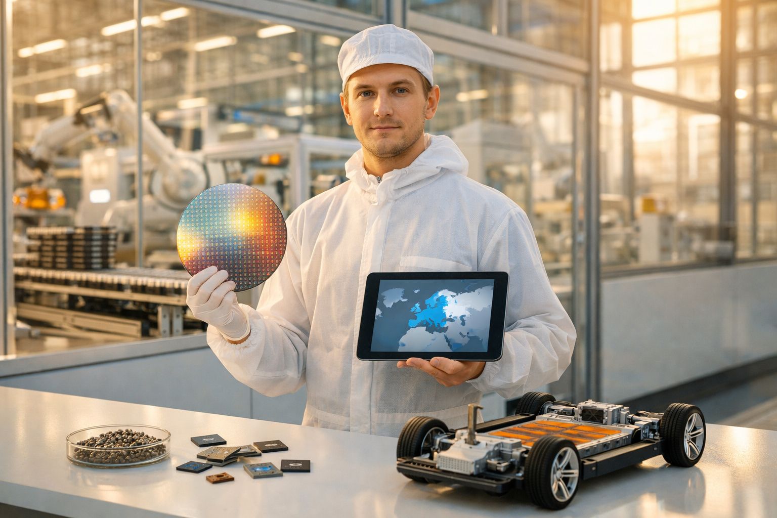 Homem com roupa de laboratório numa fábrica, segurando um wafer semicondutor e um tablet com mapa da Europa.