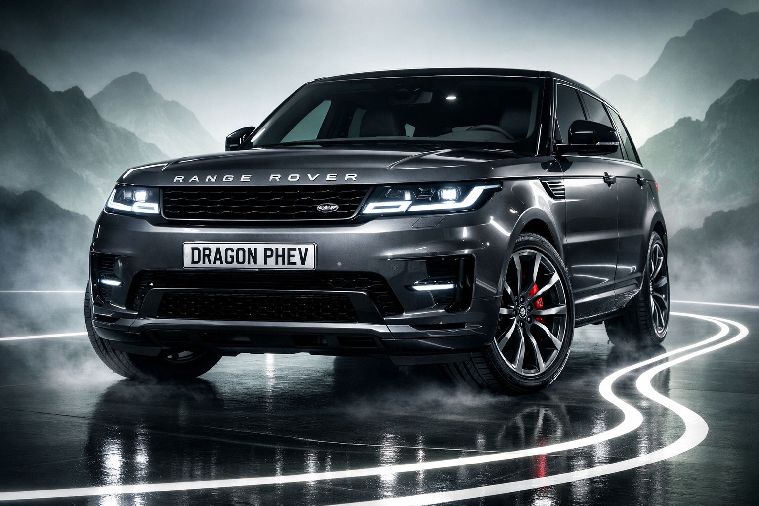 SUV Range Rover cinzento escuro com faróis ligados e ambiente montanhoso enevoado ao fundo.