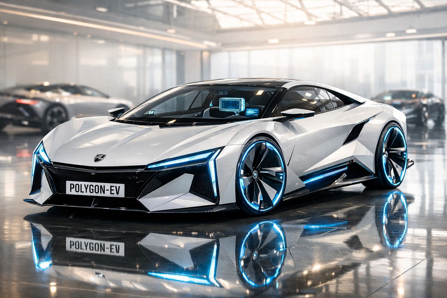 Carro desportivo elétrico branco futurista com luzes azuis exposto num salão moderno.