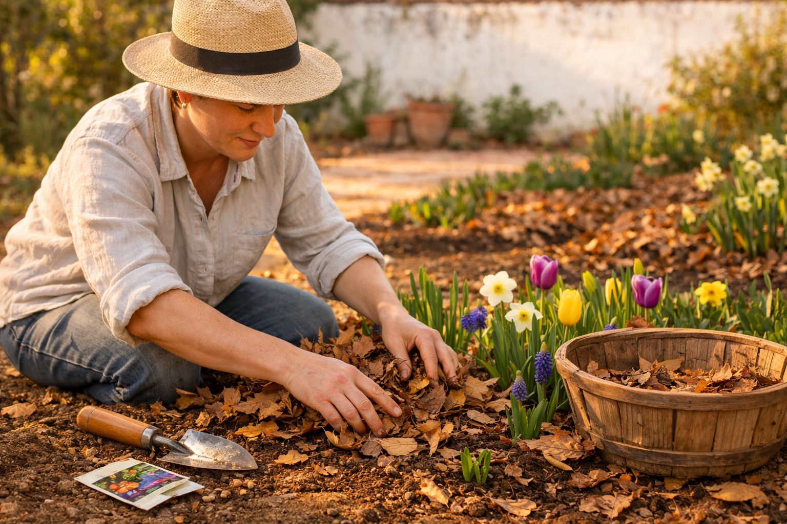 Mulher a cuidar de flores coloridas no jardim, cobertas com folhas secas, ao final da tarde.