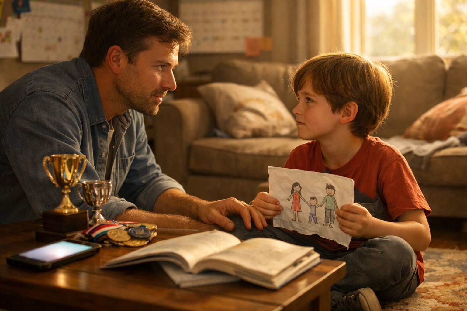 Homem e menino sentados no chão a conversar, o menino segura um desenho de uma família.