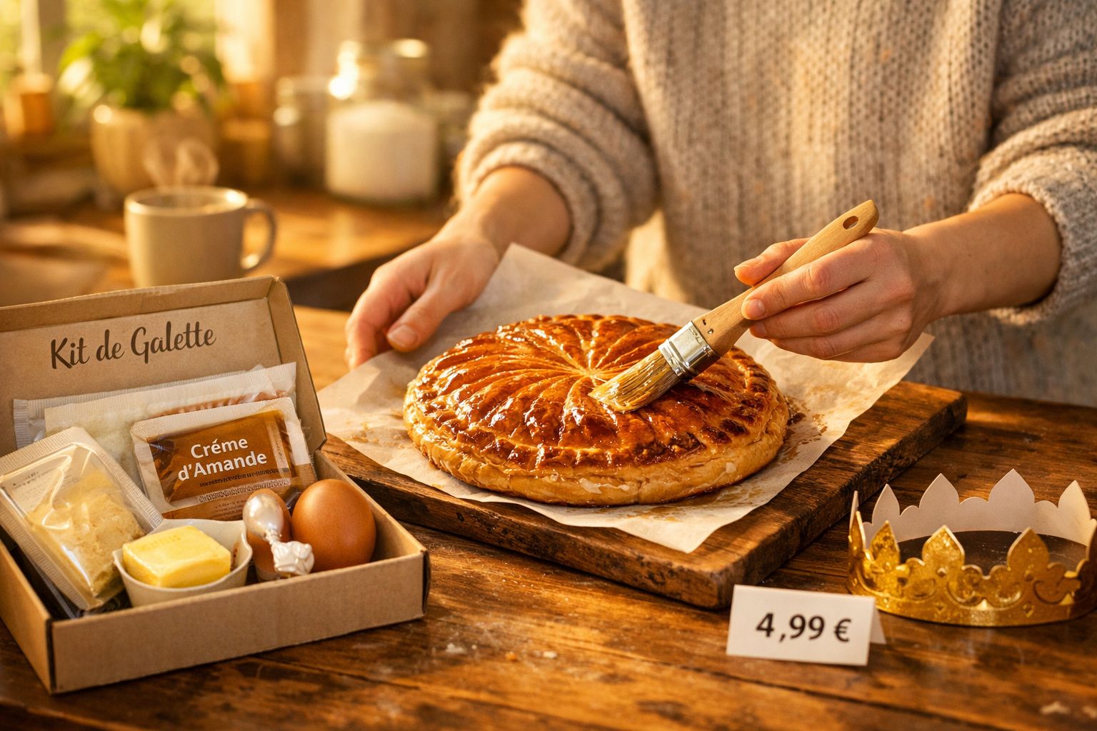 Pessoa a pincelar uma galette dourada numa tábua de madeira com ingredientes para galette e coroa dourada ao lado.