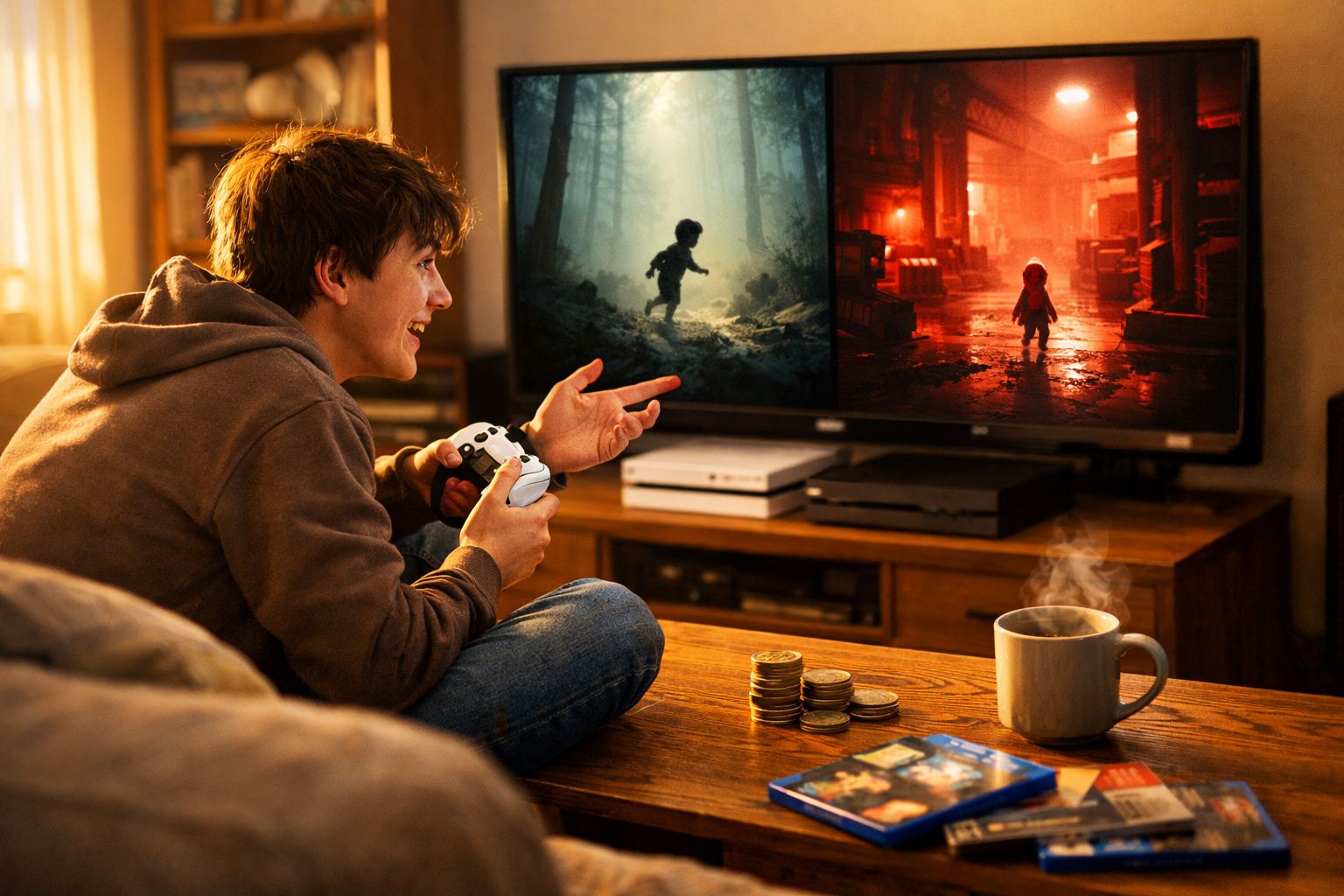 Jovem sentado no sofá a jogar videojogos na televisão, com chá quente e moedas na mesa à frente.