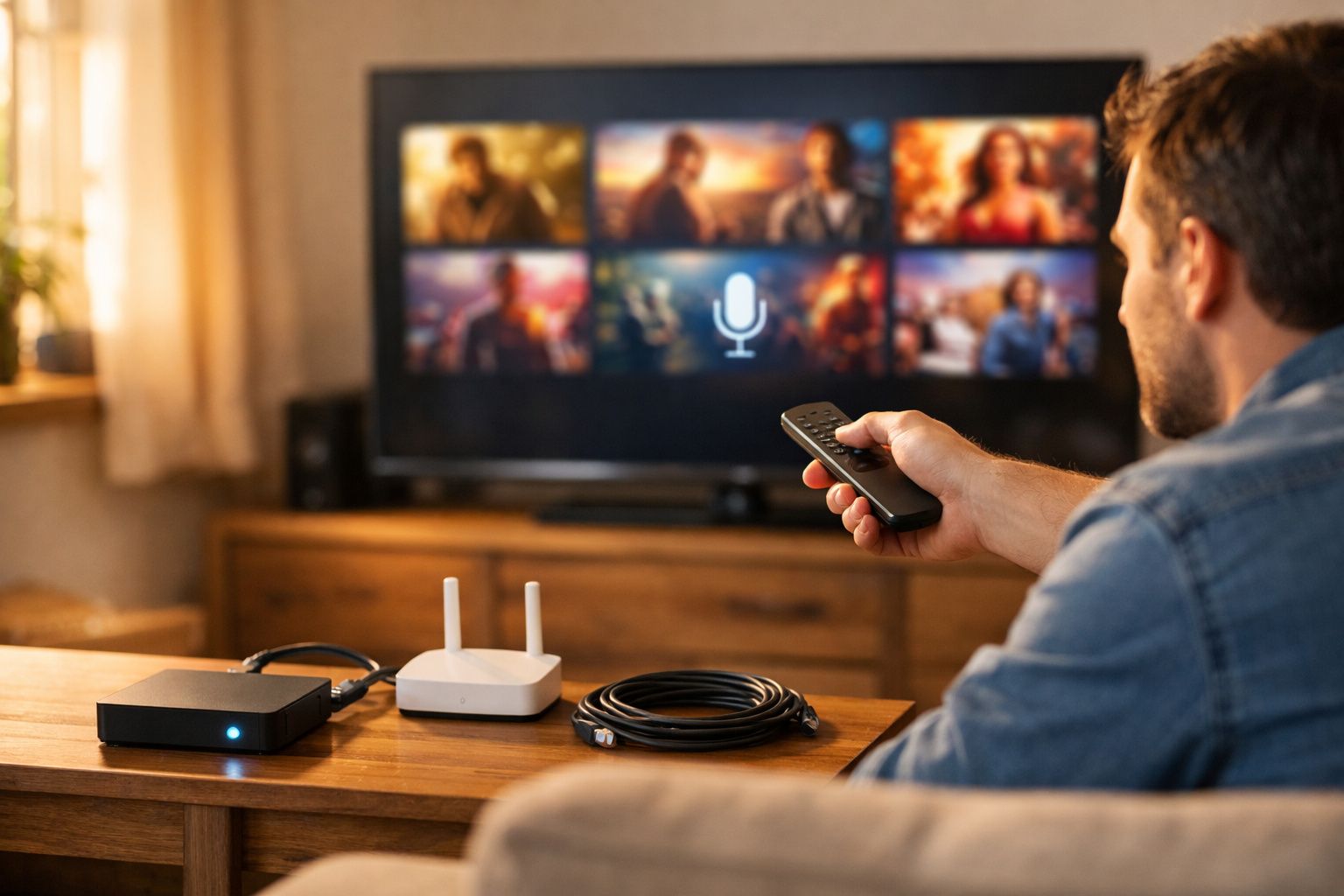 Homem sentado controla TV com comando, à frente dispositivo de streaming, router e cabo numa mesa de madeira.