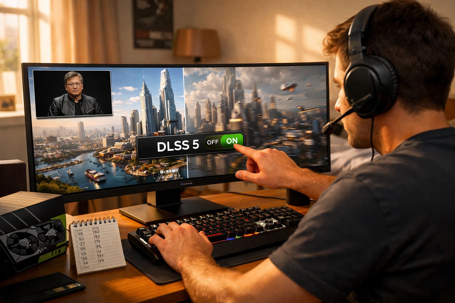 Homem com headset ativa DLSS 5 num monitor ultrawide enquanto faz streaming ou tutorial.