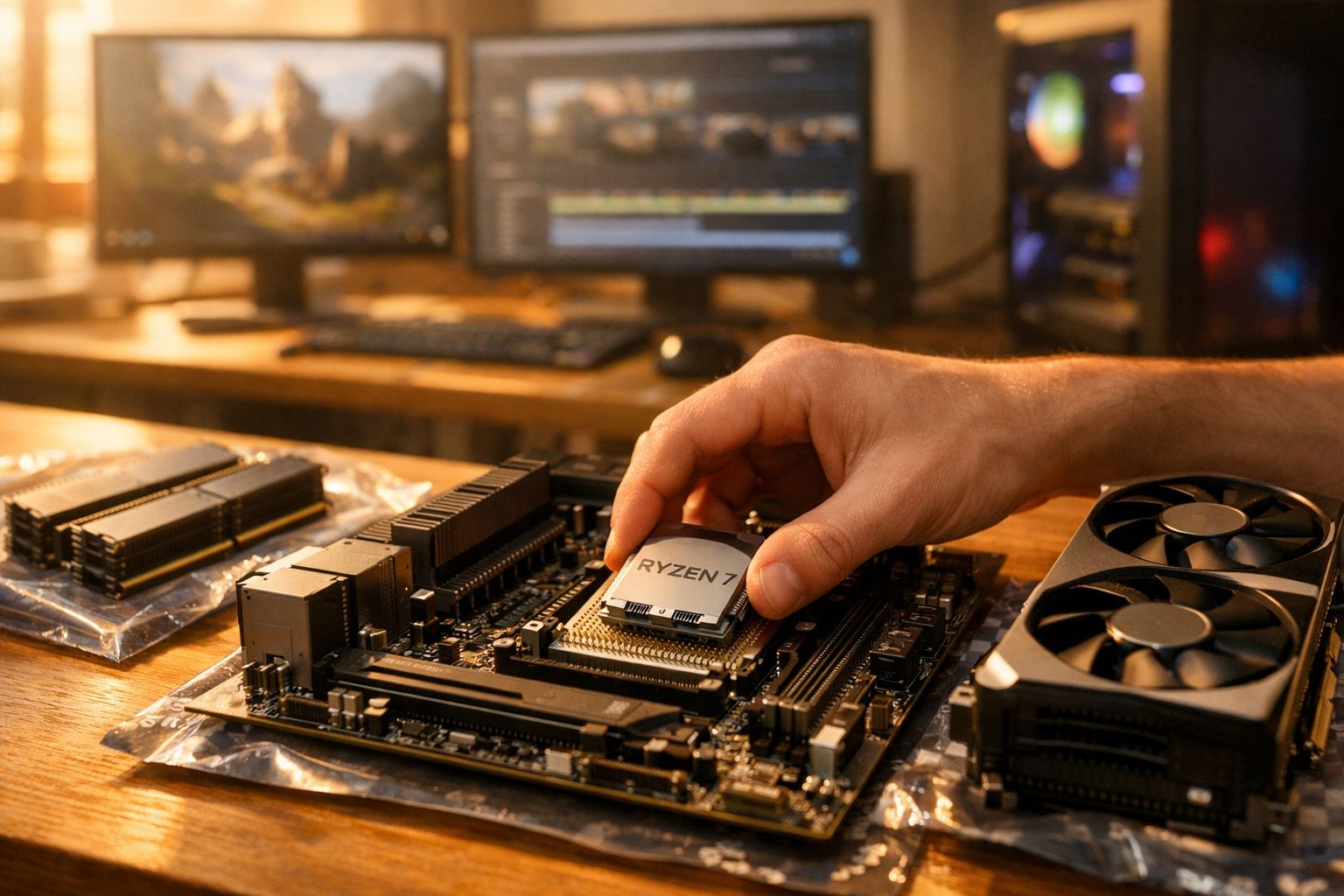 Mão a instalar processador Ryzen numa placa mãe com componentes de computador e monitor ao fundo.