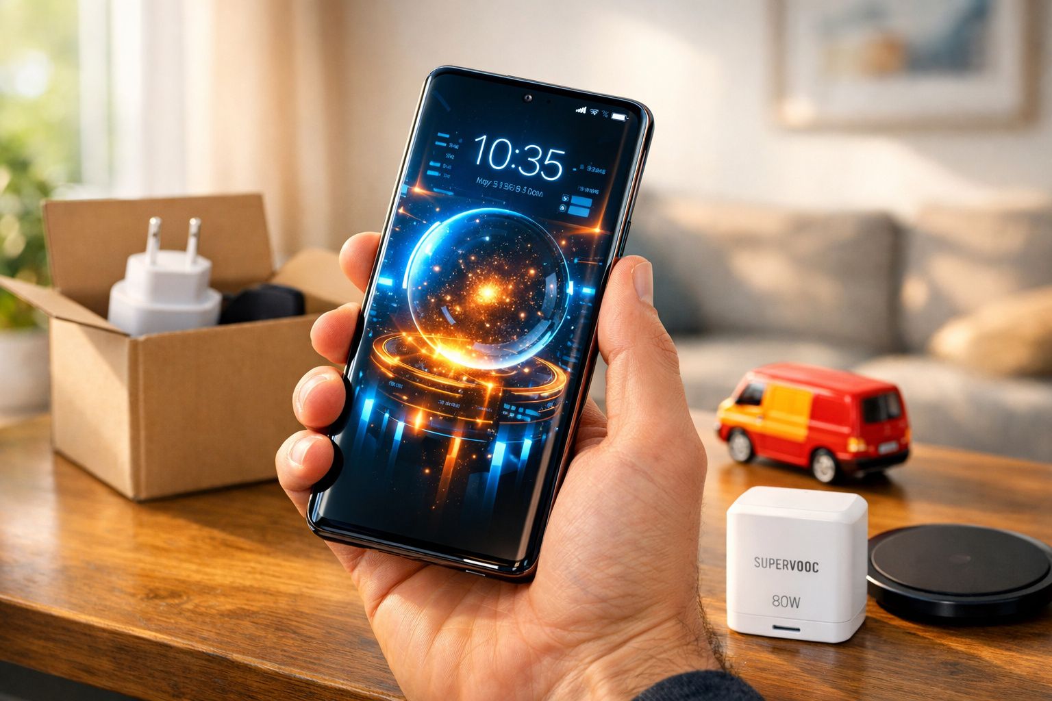 Pessoa a segurar telemóvel com imagem de globo digital, com carregador e brinquedo de carrinha em fundo desfocado.