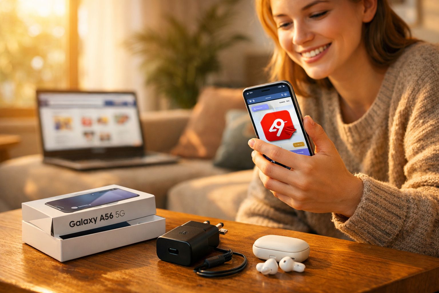 Mulher sorridente segura telemóvel Samsung Galaxy A56 5G, com caixa, carregador e auscultadores na mesa.