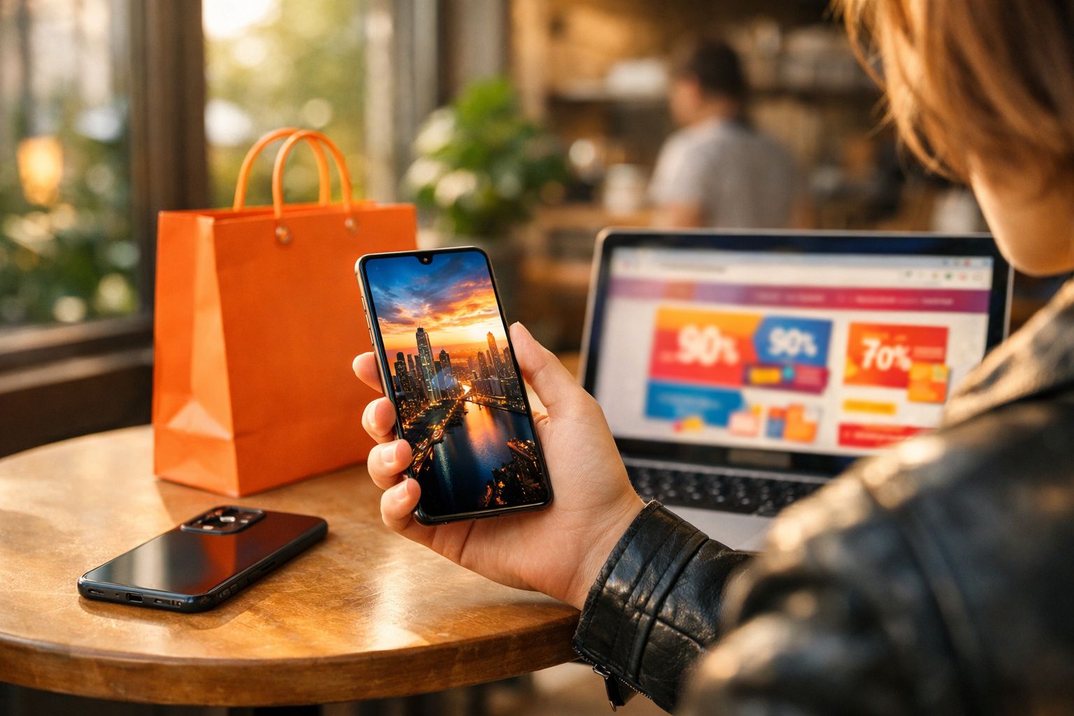 Pessoa segura smartphone com imagem de cidade à noite, mesa com outro telemóvel, saco de compras e portátil com promoções.