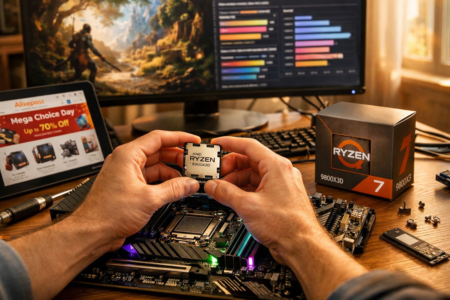 Mãos seguram processador AMD Ryzen 7 9800X3D para instalar numa motherboard, com monitor e caixa ao fundo.