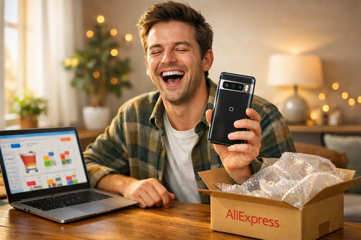 Homem sorridente a mostrar telemóvel recém rececionado, ao lado de computador portátil e caixa AliExpress aberta.