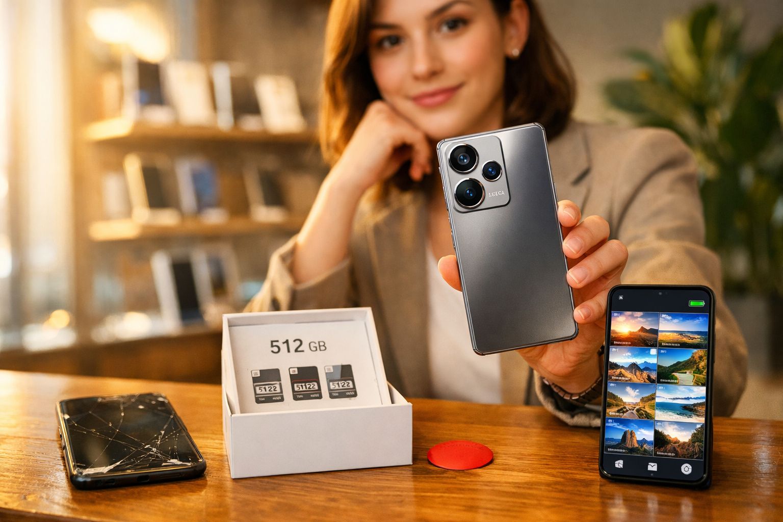 Mulher mostra telemóvel novo com 512 GB, perto de telemóvel velho partido e smartphone com galeria de fotos.