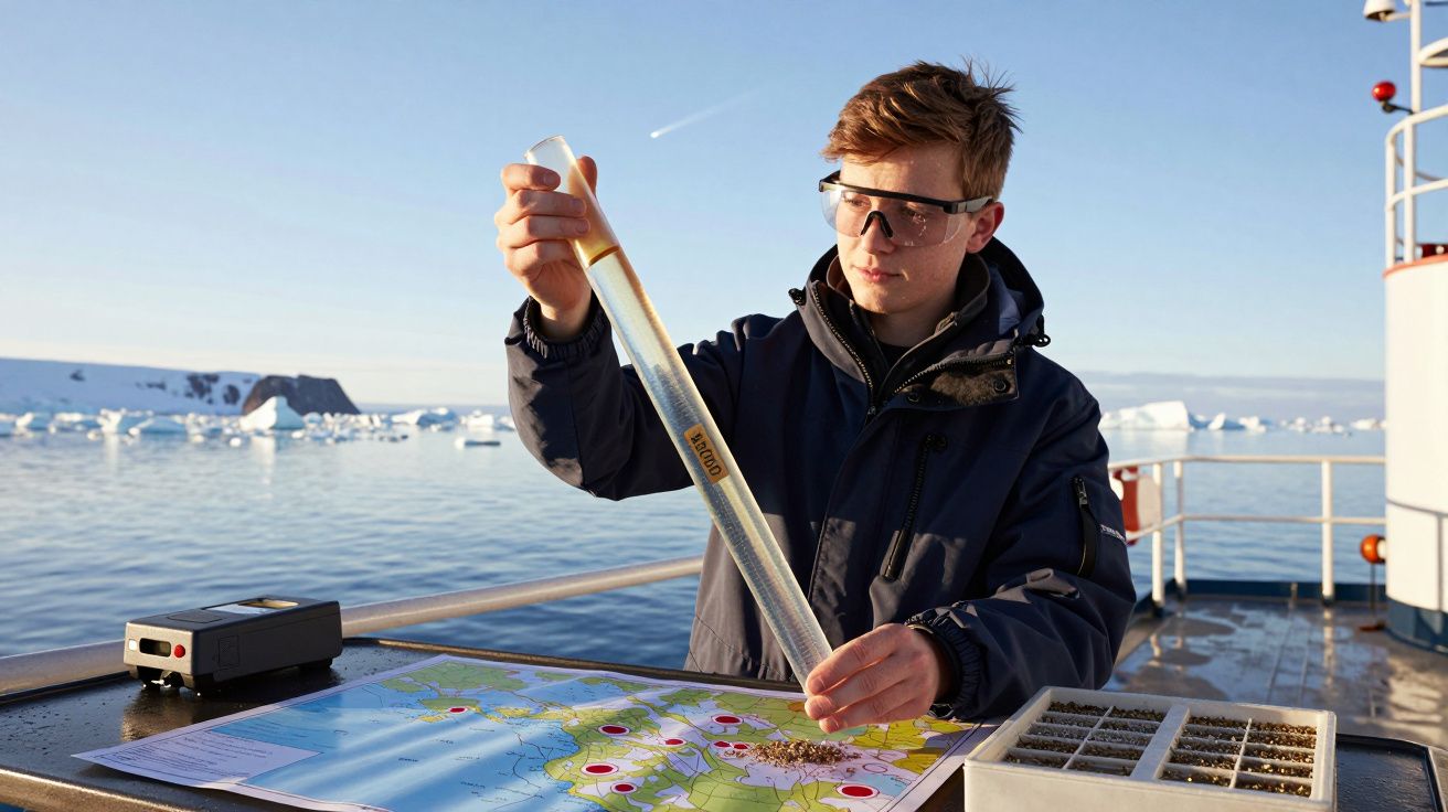 Jovem cientista a analisar amostras numa vara de vidro num navio com gelo ao fundo.