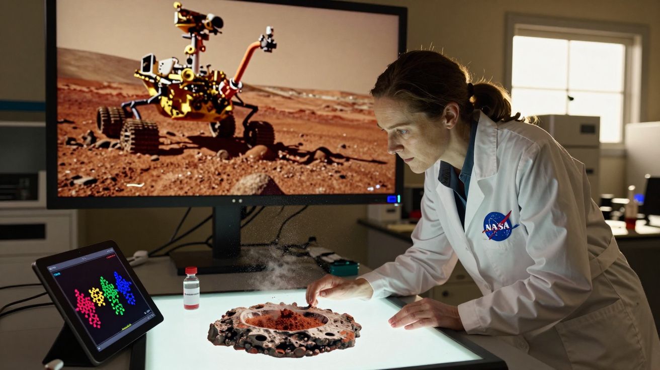 Cientista da NASA em laboratório analisa amostra de solo marciano com imagem de rover a fundo.
