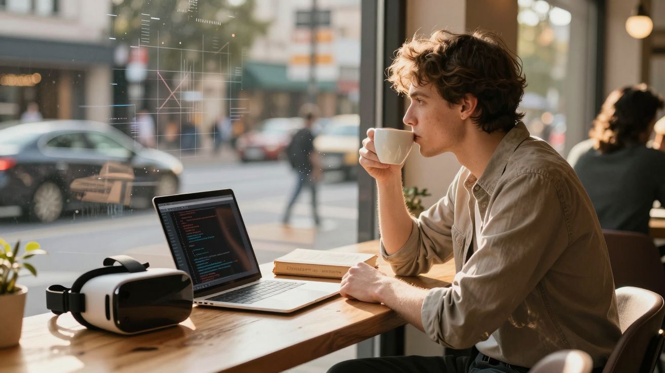 Homem jovem sentado numa cafetaria a beber café, com portátil e óculos de realidade virtual na mesa.