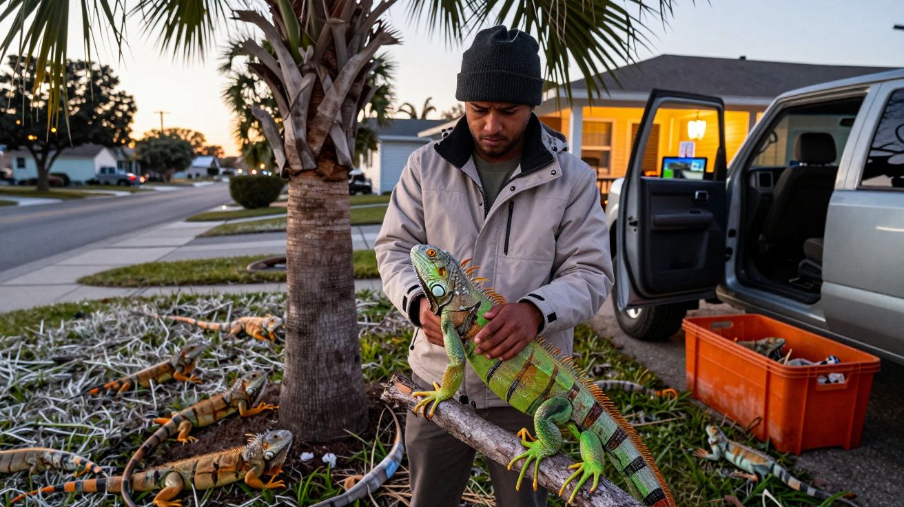 Homem com gorro segura iguana verde junto a várias iguanas espalhadas no chão ao lado de árvore e carro.
