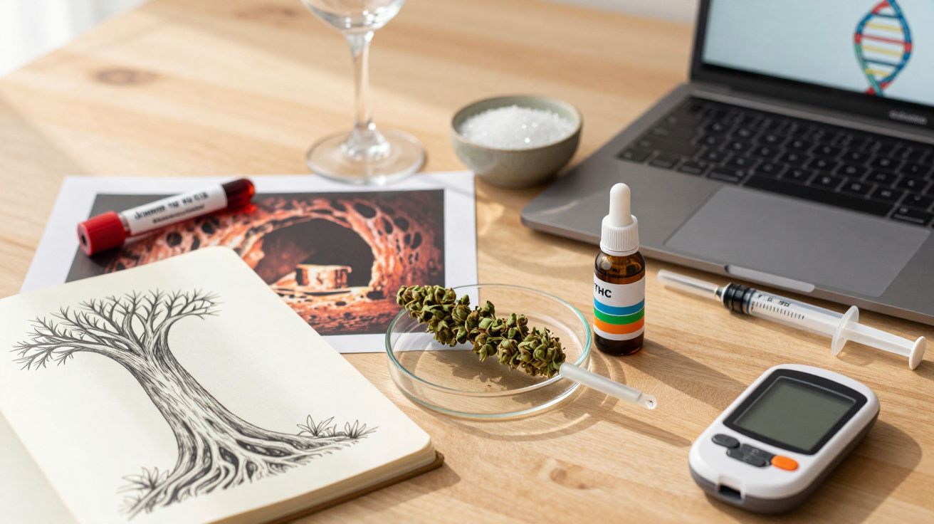 Mesa com material científico, desenho de árvore, planta em placa de Petri, seringa, frasco de medicamento e portátil.