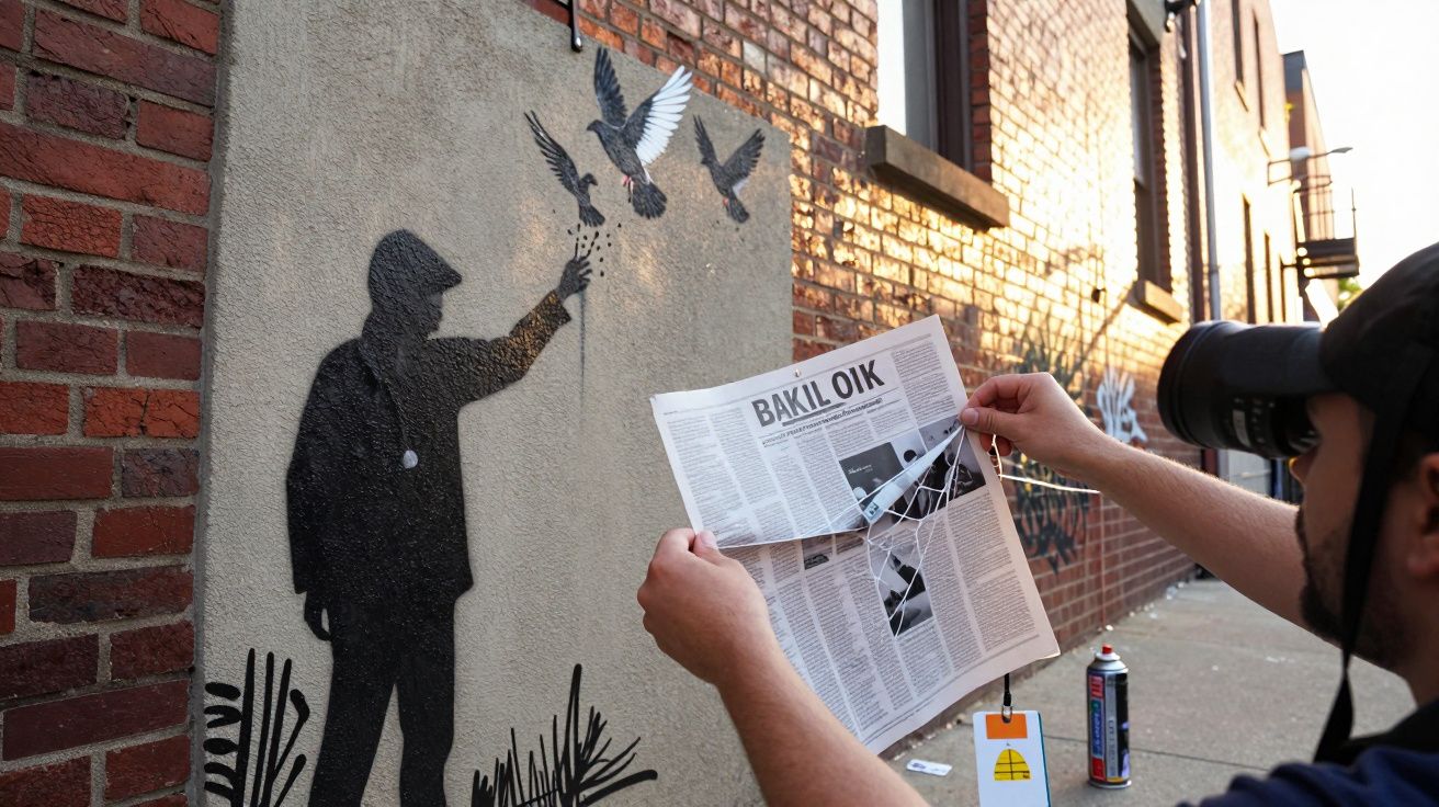 Homem a fotografar graffiti de pessoa a soltar pássaros numa parede exterior de tijolo.