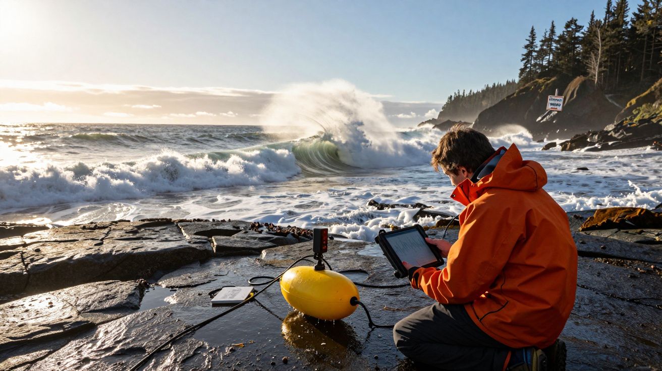 Pessoa com casaco laranja usa tablet junto a equipamento amarelo na rocha junto ao mar agitado ao pôr do sol.
