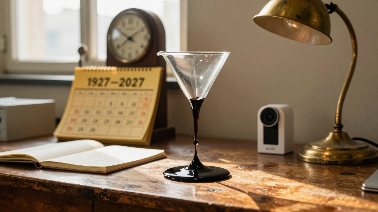Copo martini com base preta, calendário 1927-2027, relógio antigo, caderno aberto e candeeiro dourado numa mesa de madeira.