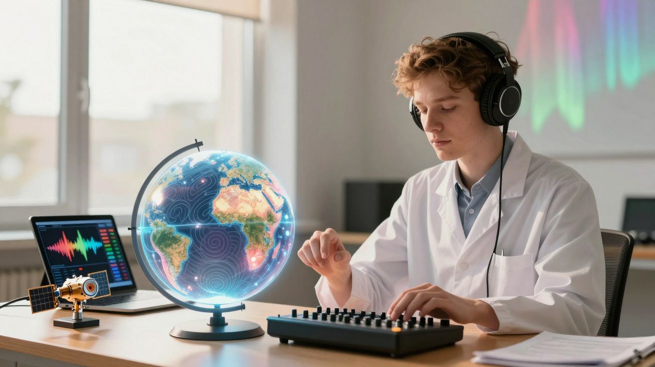 Estudante com auscultadores e bata branca usa equipamento digital, com globo terrestre e laptop na secretária.