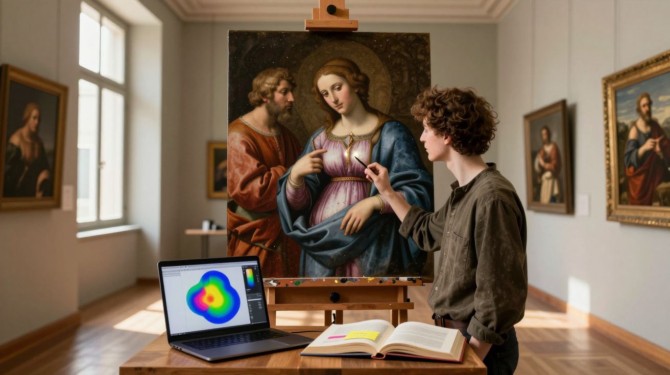 Jovem a analisar pintura clássica num museu com computador e livro numa mesa em frente à obra.