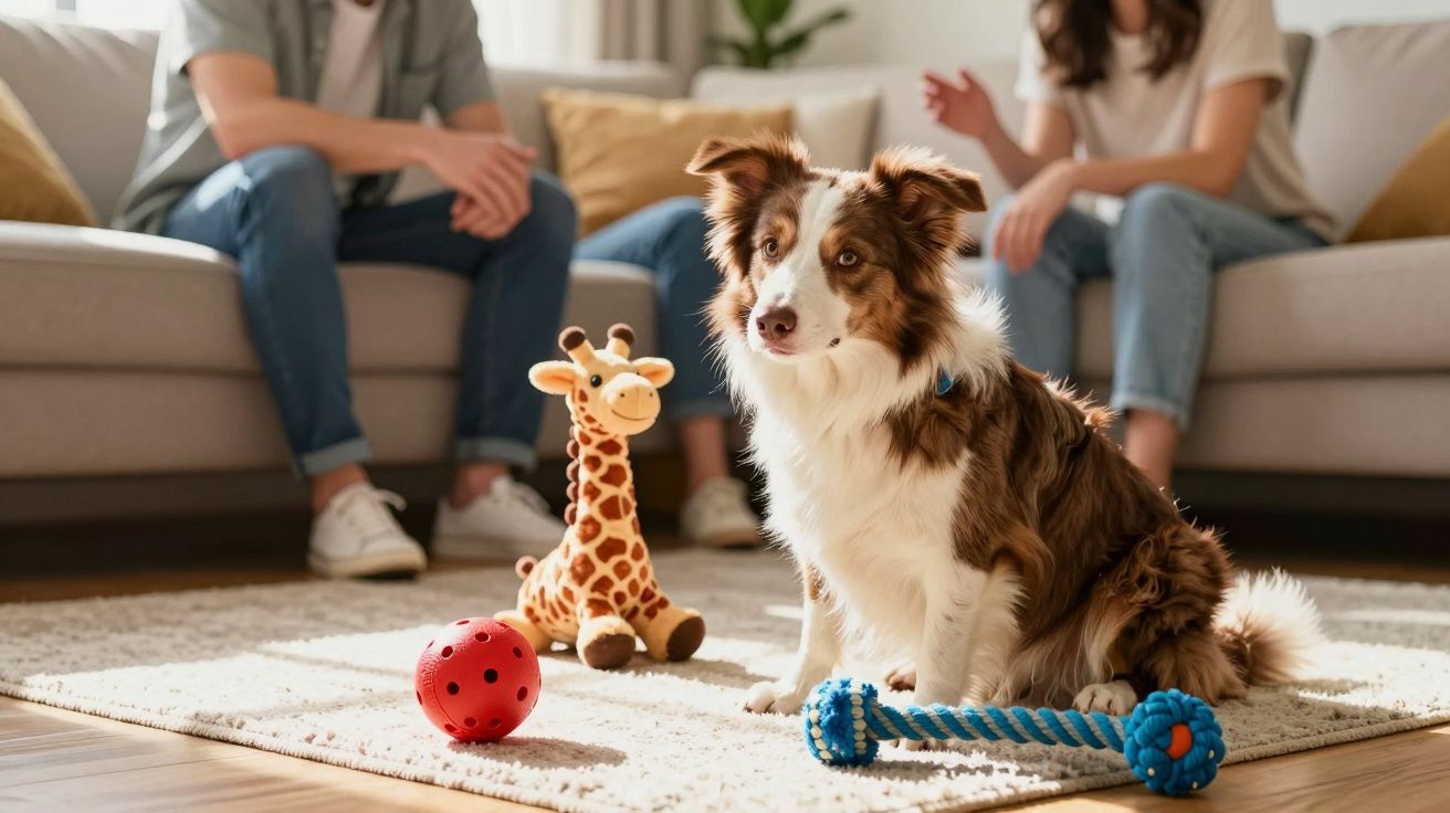 Cão sentado num tapete com brinquedos, enquanto duas pessoas conversam no sofá ao fundo.