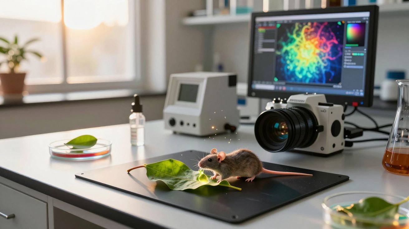 Rato num laboratório sobre uma folha verde com equipamentos científicos e monitor ao fundo.