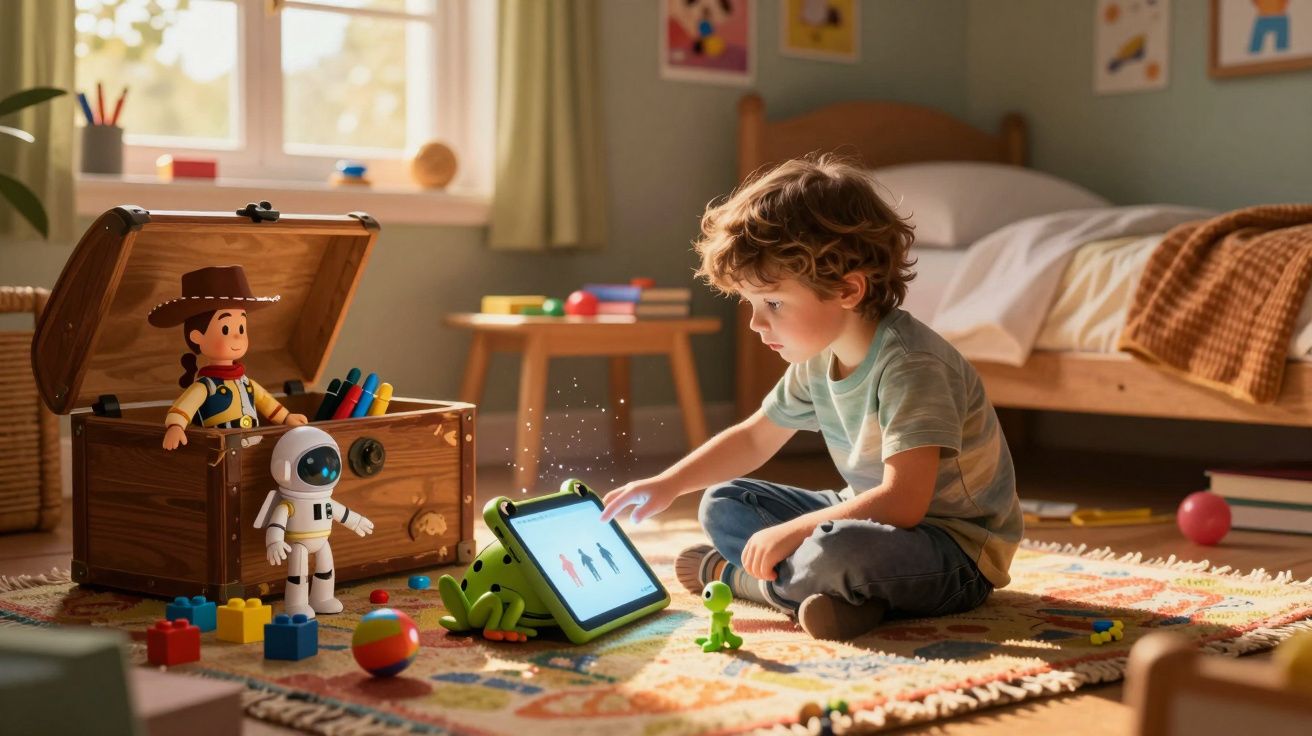 Criança sentada no chão do quarto a interagir com tablet rodeada de brinquedos e baú aberto.