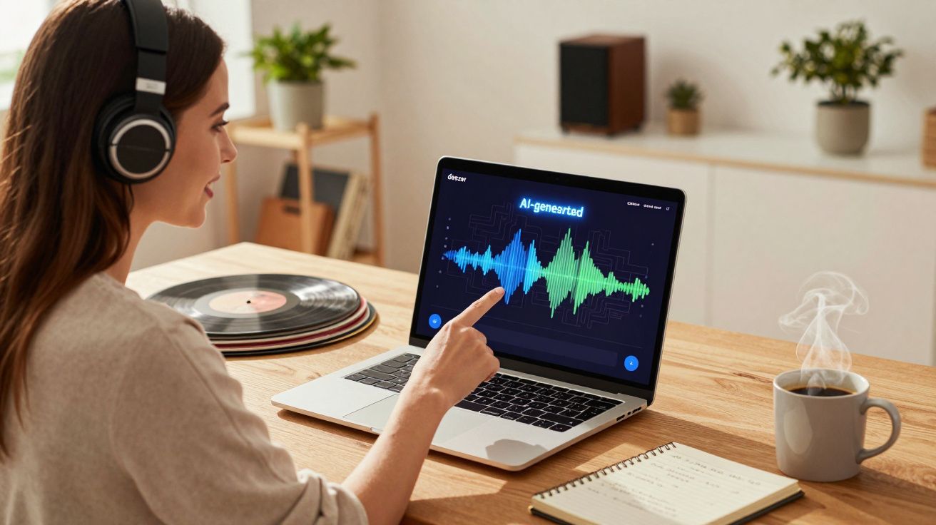 Mulher com auscultadores controla ondas sonoras geradas por IA num portátil numa mesa com café e caderno.