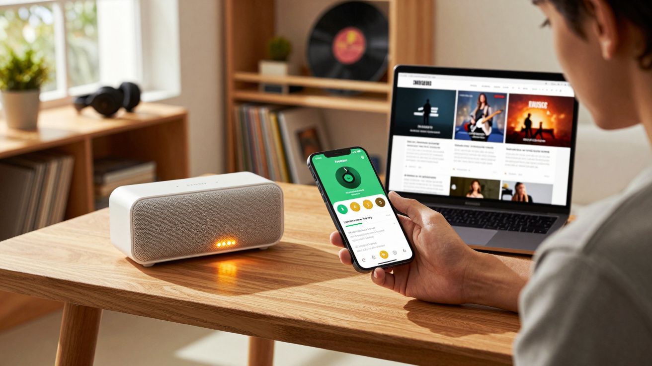 Pessoa a controlar coluna bluetooth com telemóvel enquanto computador portátil mostra site de música.