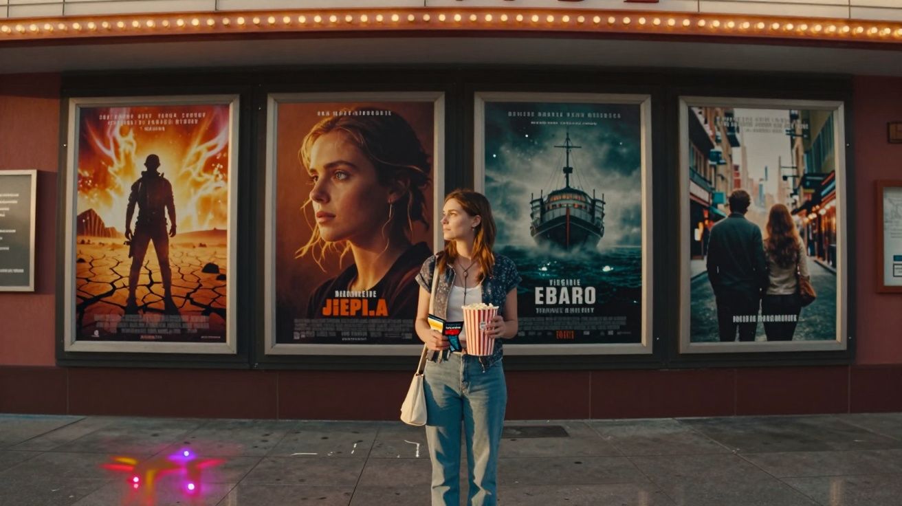 Mulher com Pipocas e Bilhete em Frente a Cartazes de Filmes num Cinema ao Ar Livre à Tarde