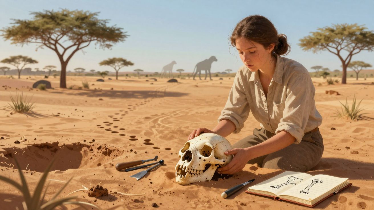 Jovem arqueóloga estuda crânio humano no deserto seco com ferramentas e caderno de desenhos ao lado.