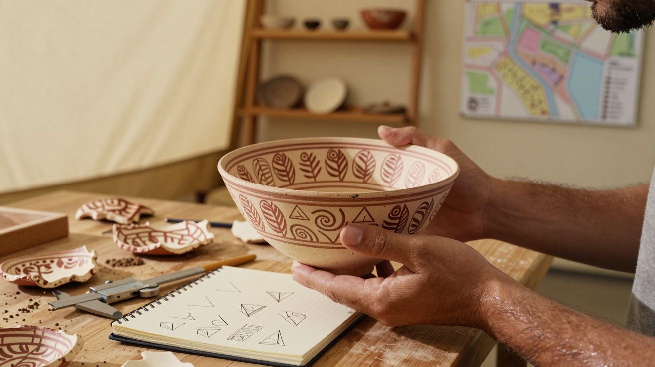 Mãos seguram tigela cerâmica decorada, com desenho de folhas, num estúdio com cacos e esboços.