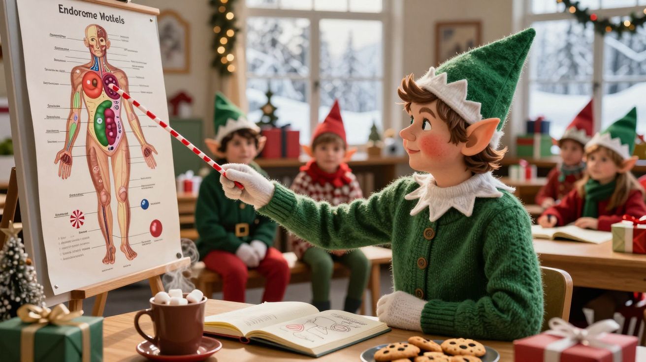 Duende vestido de verde aponta para um quadro anatómico enquanto outras crianças observam numa sala decorada para o Natal.