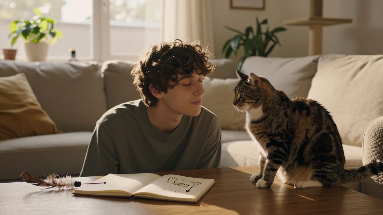 Jovem sentado em sala iluminada olha para gato que está numa mesa com caderno e pena.