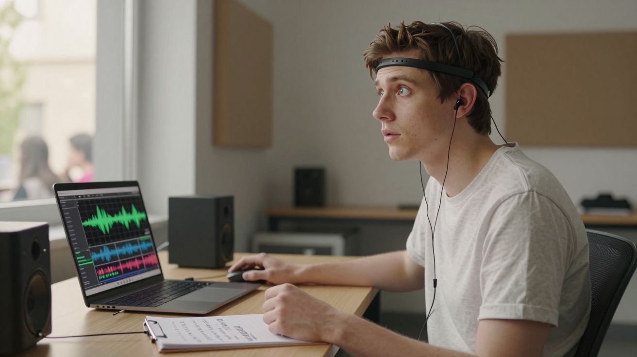 Jovem com auscultadores e faixa na cabeça a trabalhar num computador com software de edição de áudio.