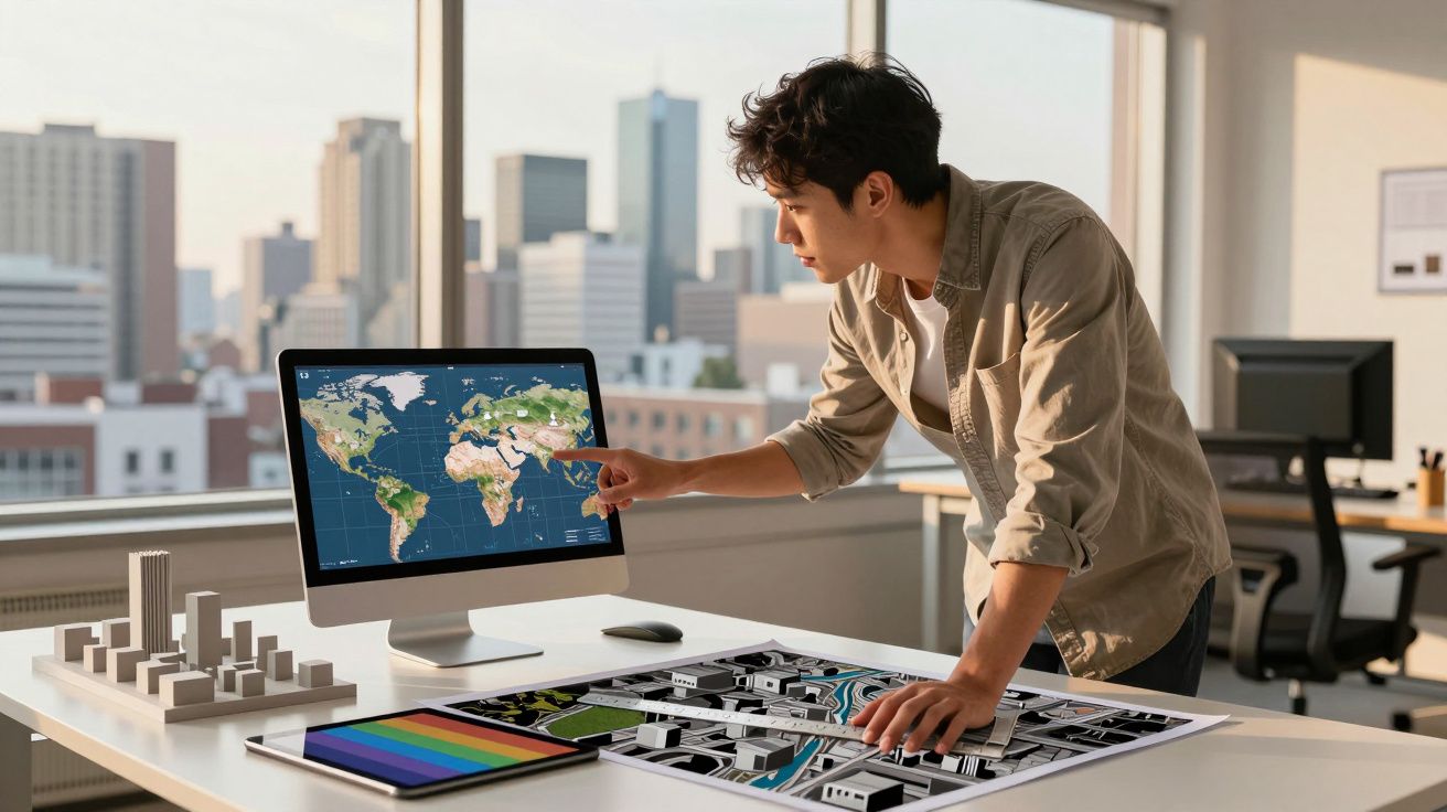 Homem a trabalhar com mapa mundial no computador e planta arquitetónica numa mesa de escritório moderno.