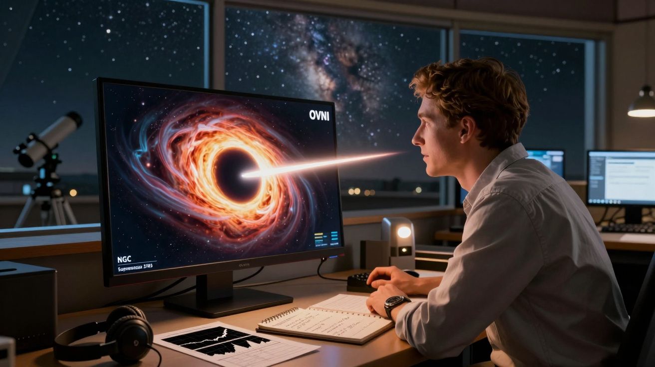 Homem a estudar buraco negro em computador num escritório com janelas para o céu estrelado à noite.