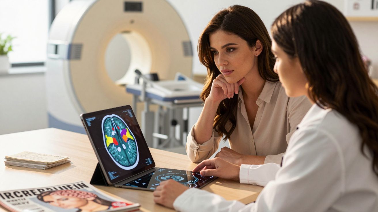 Duas mulheres analisam imagens cerebrais numa clínica com aparelho de ressonância magnética ao fundo.