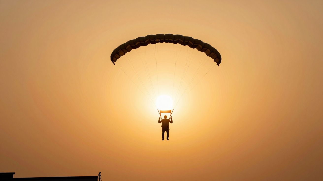 Paraquedista a planar contra o pôr do sol num céu laranja.