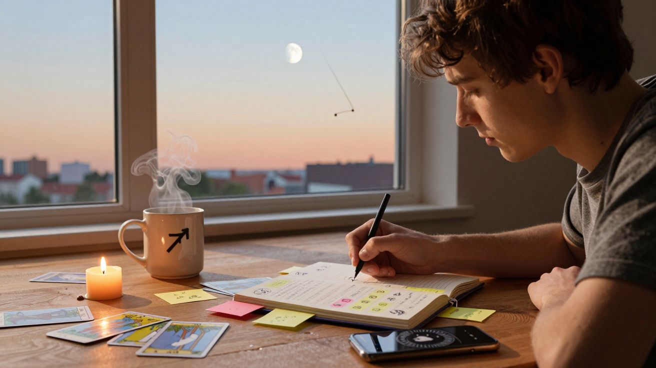 Jovem a escrever num caderno, com cartas de tarot, vela acesa e chá quente numa mesa perto da janela ao pôr do sol.