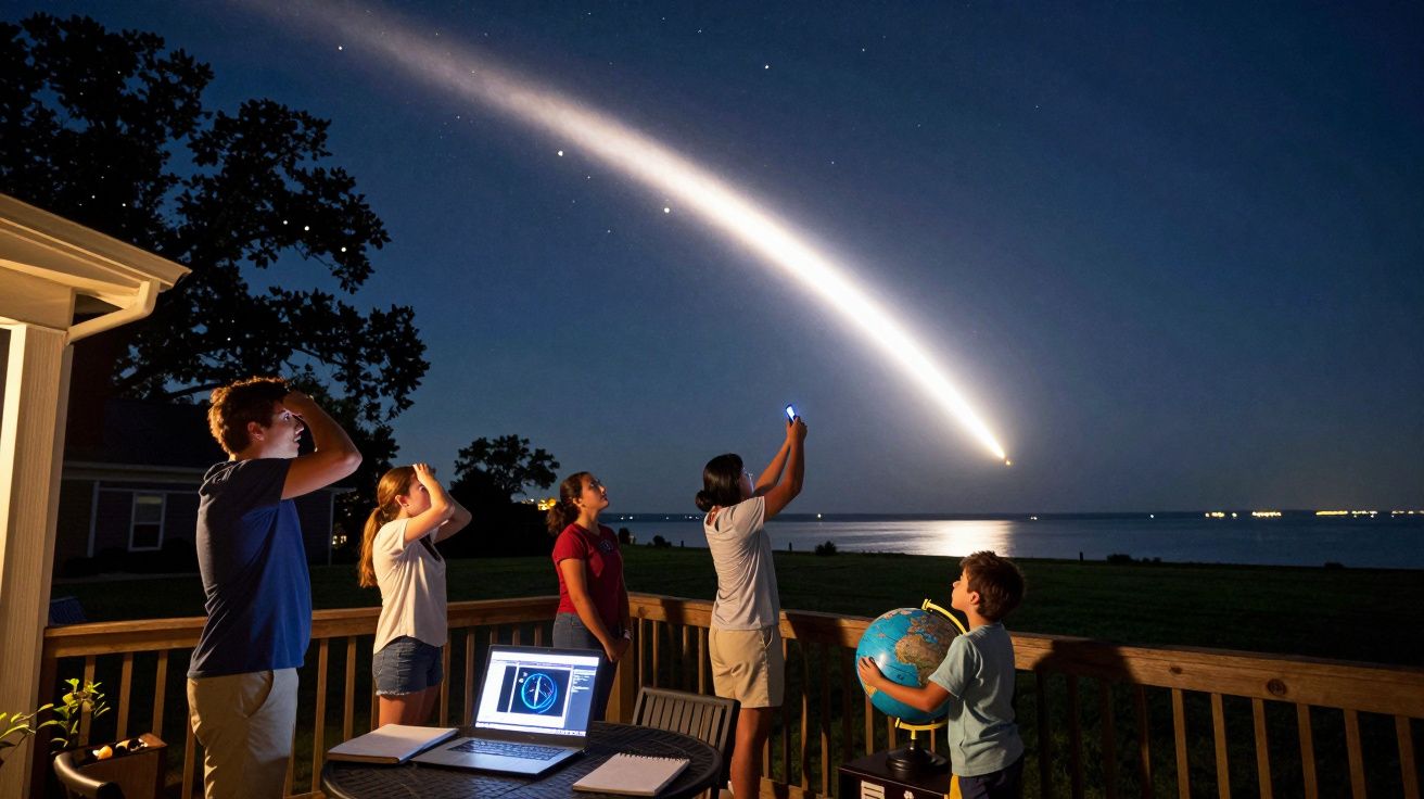 Cinco pessoas observam um lançamento espacial noturno, com um laptop e um globo terrestre numa varanda.