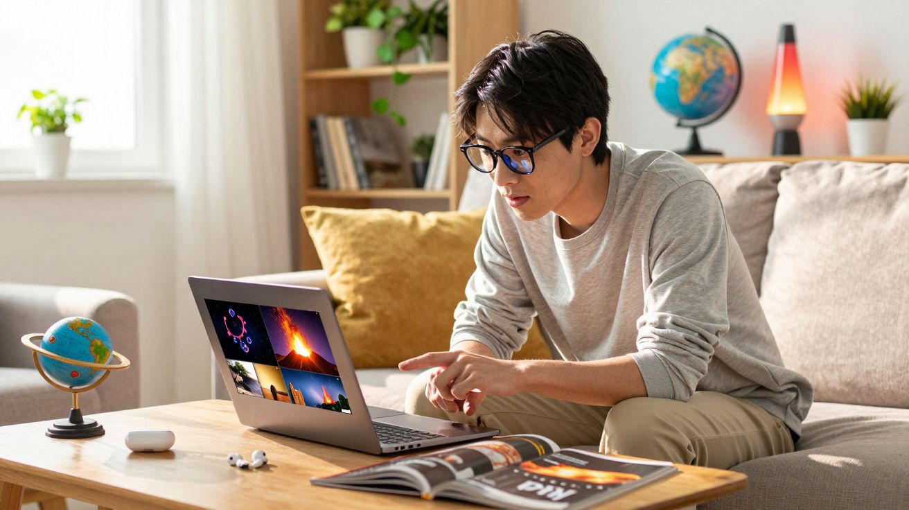 Jovem sentado no sofá a usar computador portátil, com revista aberta sobre a mesa e globo terrestre ao lado.